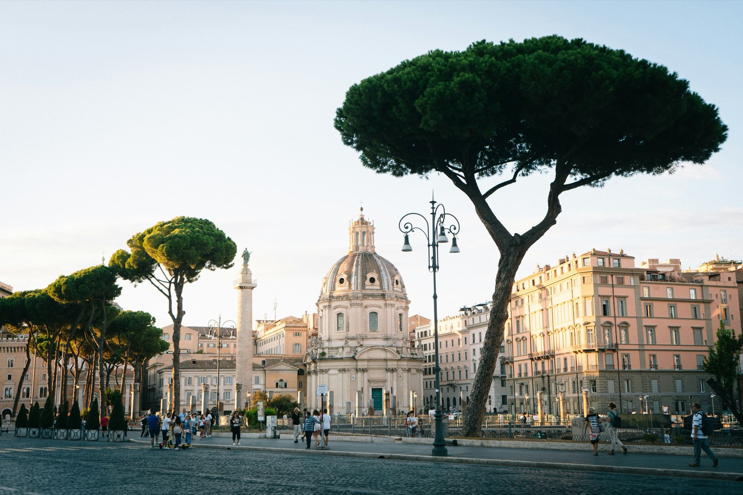 Golden-hour light over a Roman piazza — umbrella pines, Trajan's Column, and a domed baroque church